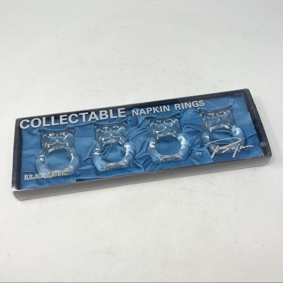 Vintage Clear Acrylic Lucite OWL Napkin Rings BIJAN In Box Mid Century Modern - Picture 4 of 6